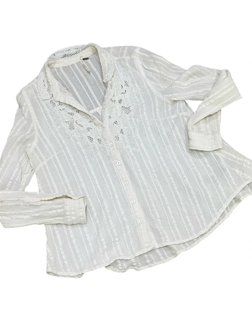 Free People Carter dobbie ivory Button-Front embroidered cotton blouse medium